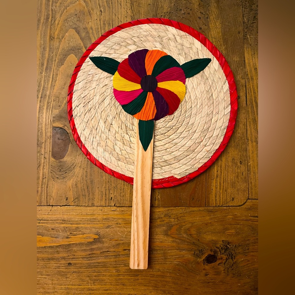 Handmade Hand Fan Woven Straw Flowers & Bamboo Handle Multicolor Mexico 13" x 9”